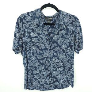 Halston Silk Collared Button Short Sleeve Printed Blouse10 Navy Blue/White
